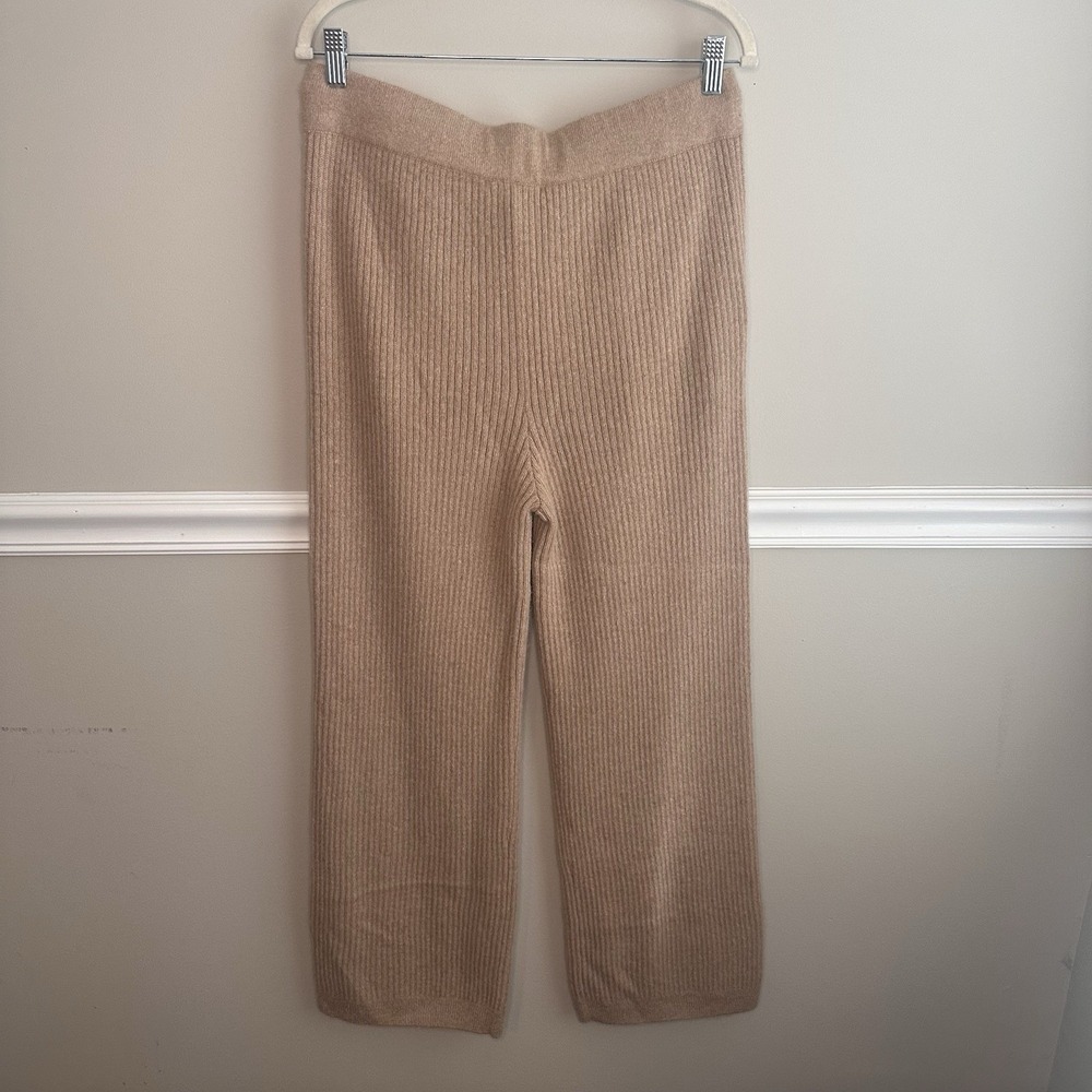Hass Alpaca Ribbed Wide Leg Pants L Peruvian Loungewear Camel Beige Cozy Pull On - Picture 5 of 7